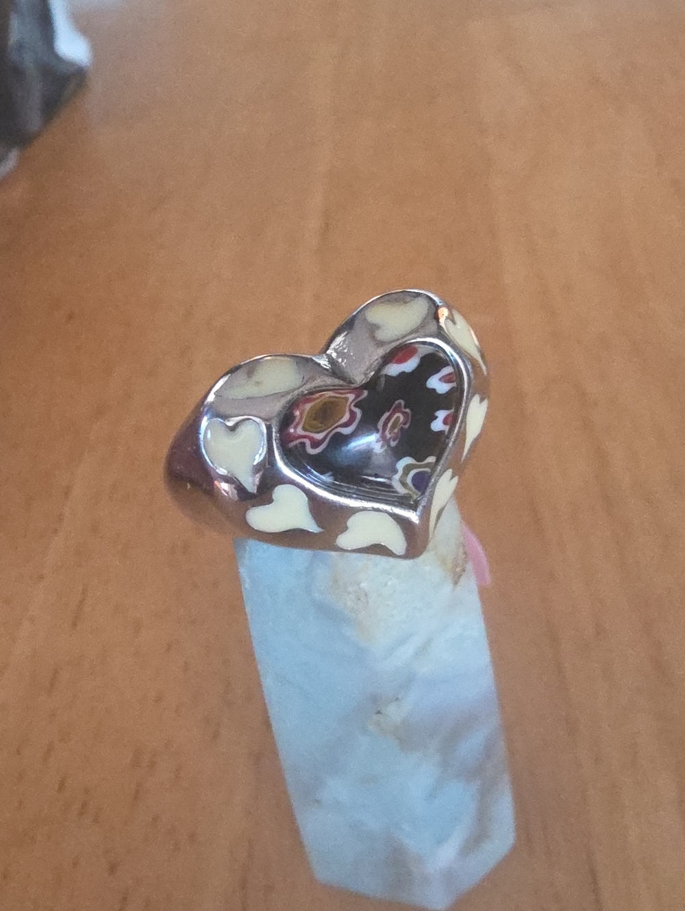 Heart Shaped Enamel and Silver Accent Ring - Cream and Black